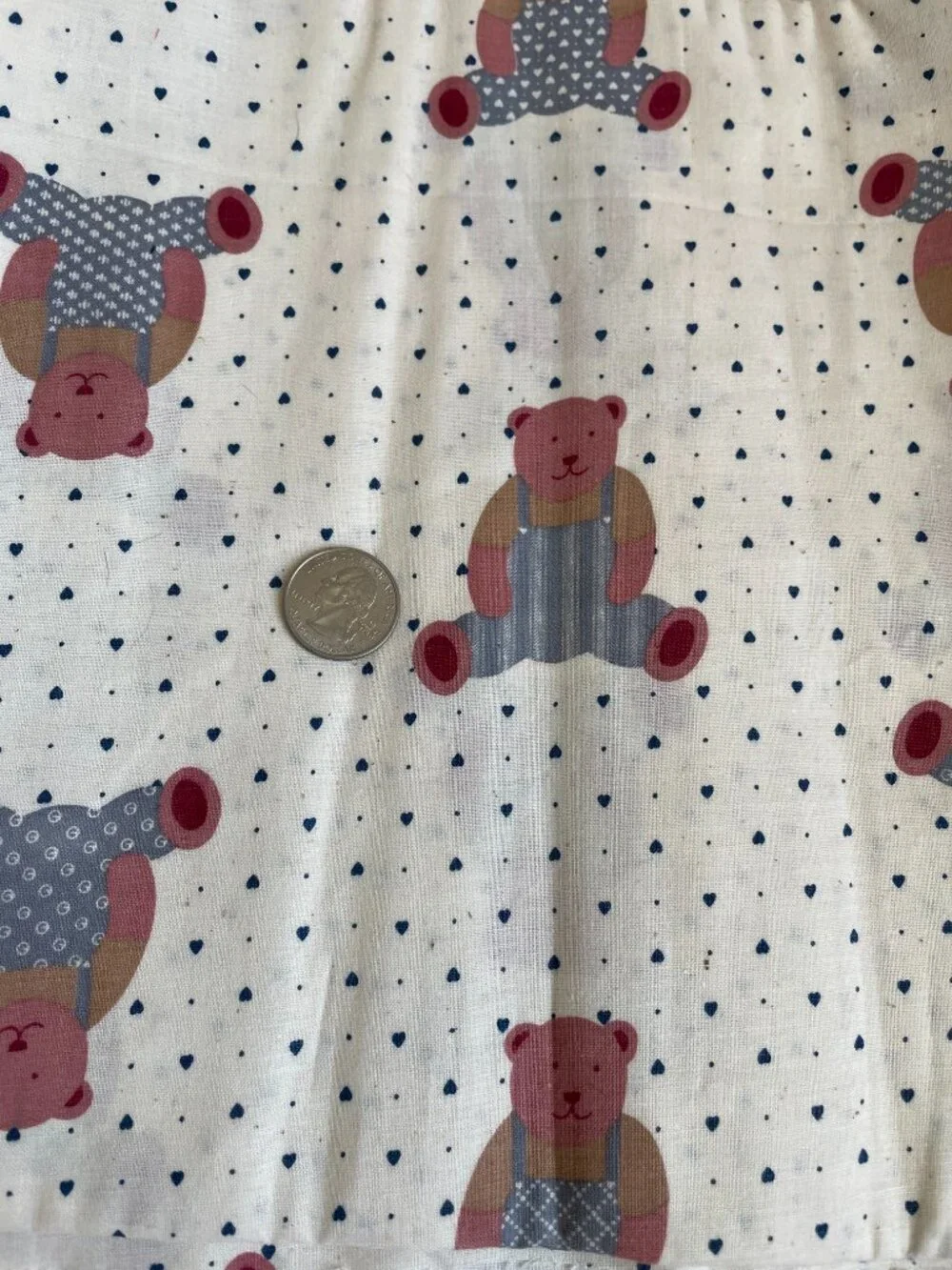 2y x 44” Vintage Cotton Teddy Bear Hearts Nursery Pattern Fabric Sewing Crafting